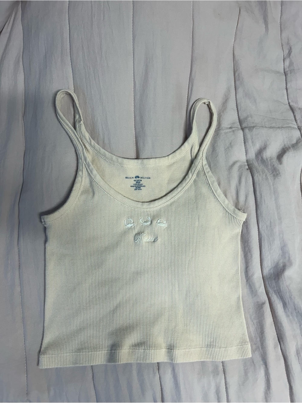 Brandy Melville Cream Ribbed Tank with Subtle Embroidery - Picture 3 of 5